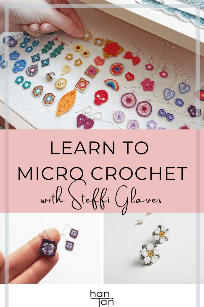 tiny micro crochet granny square being put into box of other micro crochet flowers and motifs