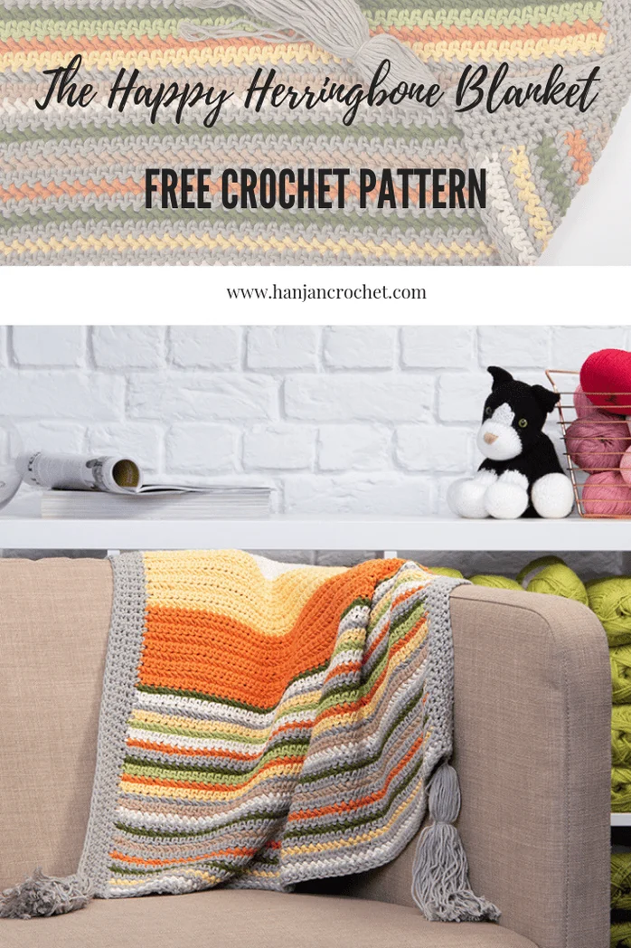 Free crochet blanket pattern Hannah Cross happy herringbone blanket. Easy beginner crochet pattern